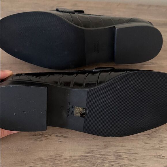 STUART WEITZMAN- Owen Croc-Embossed Leather Bit Loafers- Black&Gold - Picture 6 of 7